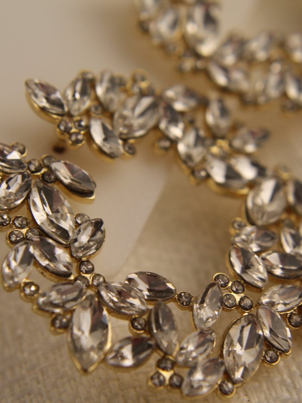 Gold Tone Clear Marquise Rhinestone Leaf Cluster Open Hoop Earrings